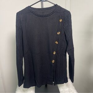 Black Ribbed Long Sleeve Top with Gold Buttons